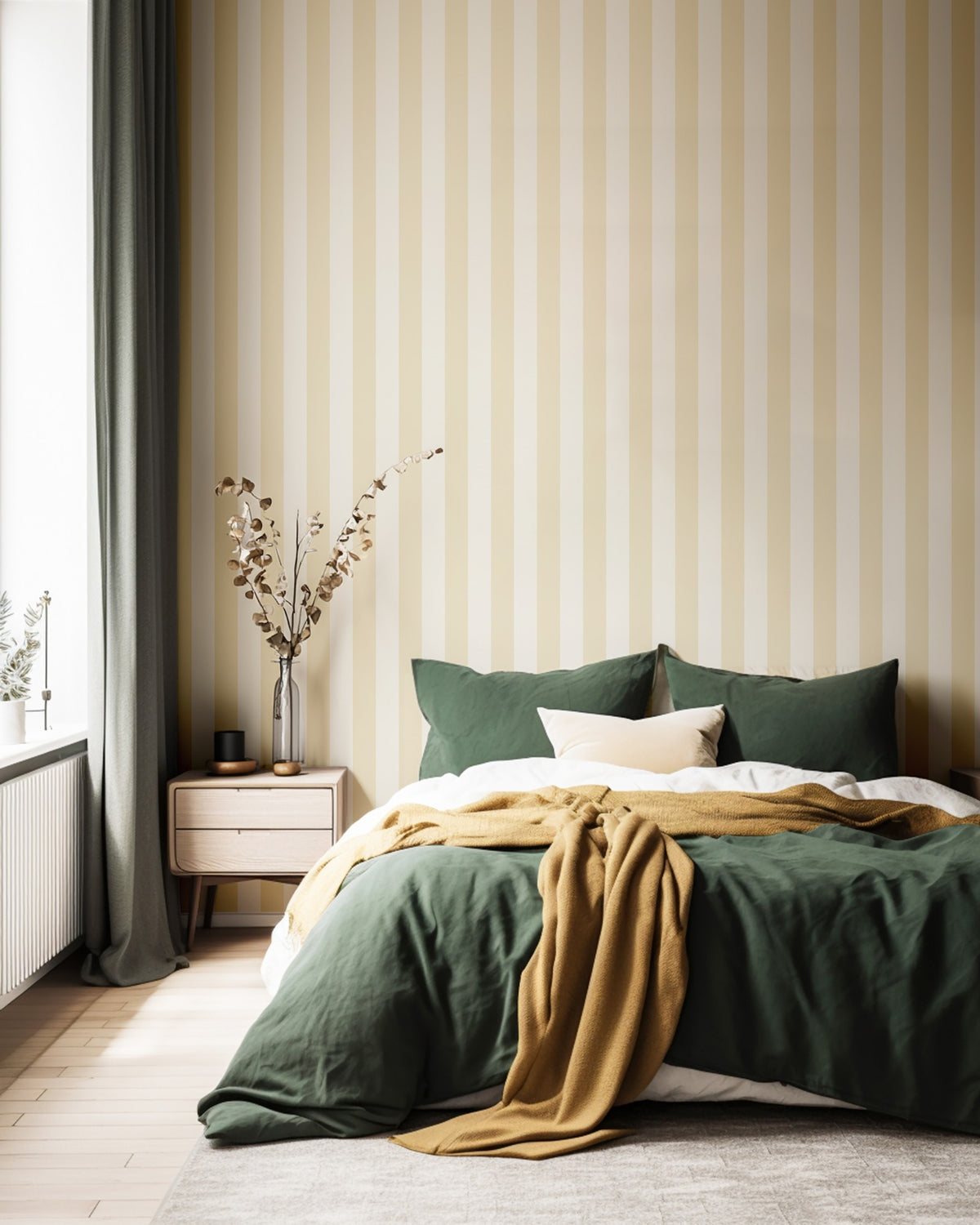 Buttercream & Warm Ivory – Classic Stripe Wallpaper styled in a bedroom