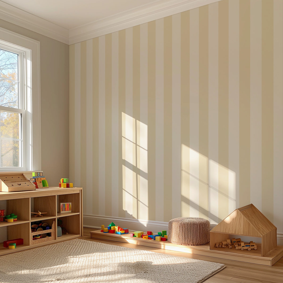 Buttercream & Warm Ivory – Classic Stripe Wallpaper styled in a kids' room and nursery