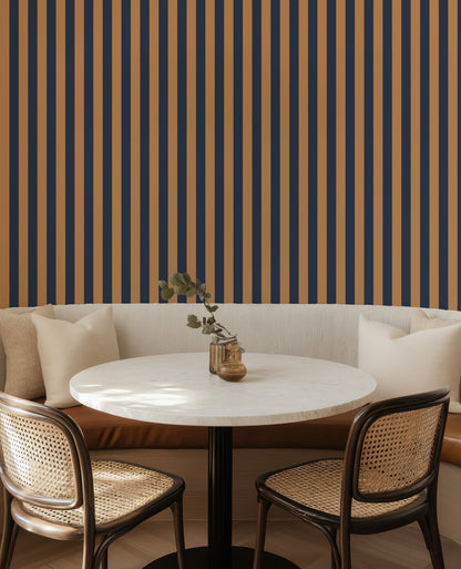Classic Stripe Wallpaper – Caramel & Midnight Blue styled in a kitchen and dining