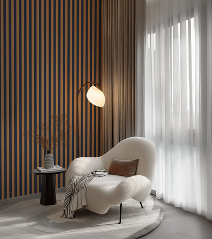 Classic Stripe Wallpaper – Caramel & Midnight Blue styled in a hallway and home office