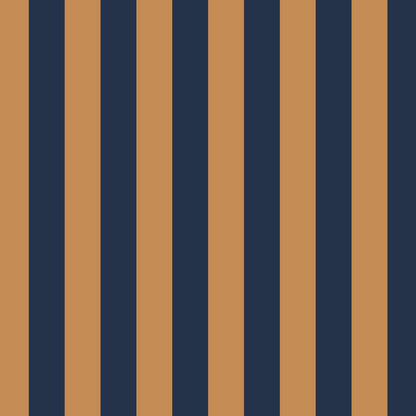 Classic Stripe Wallpaper in Caramel & Midnight Blue – bold stripes on a midnight blue ground