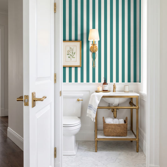 Classic Stripe Wallpaper – Chalk White & Rich Teal styled in a bathroom and laundry