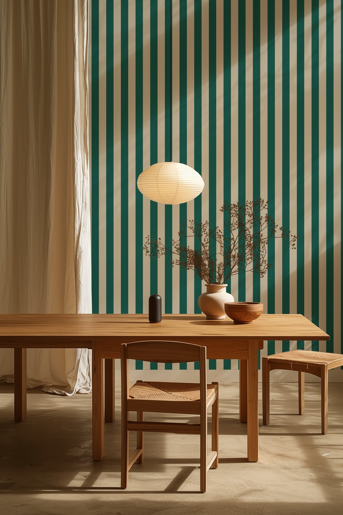 Classic Stripe Wallpaper – Chalk White & Rich Teal styled in a kitchen and dining