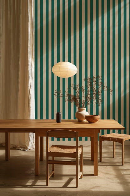 Classic Stripe Wallpaper – Chalk White & Rich Teal styled in a kitchen and dining