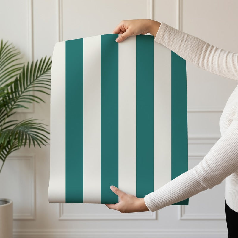 Classic Stripe Wallpaper roll in Chalk White & Rich Teal – bold stripes on a rich teal ground