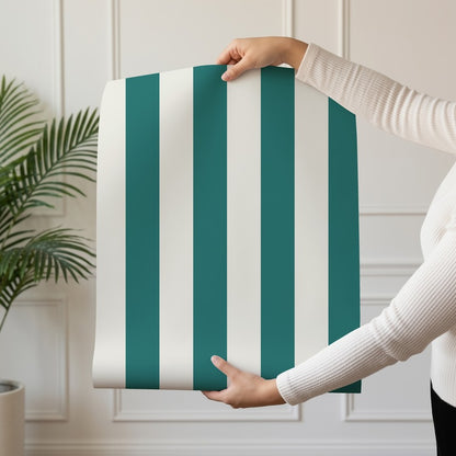 Classic Stripe Wallpaper roll in Chalk White & Rich Teal – bold stripes on a rich teal ground