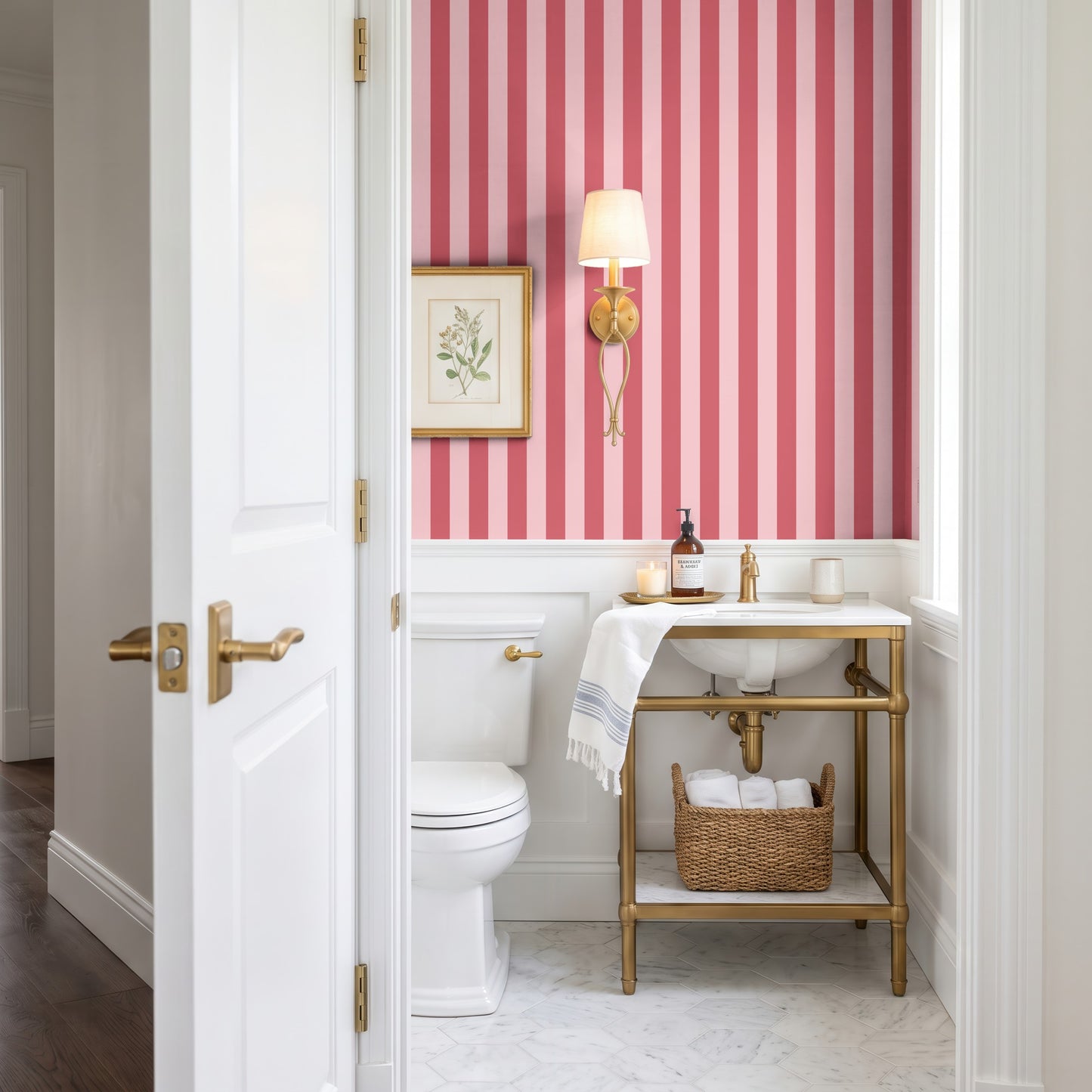Classic Stripe Wallpaper – Cherry Red & Powder Pink styled in a bright bathroom and laundry space