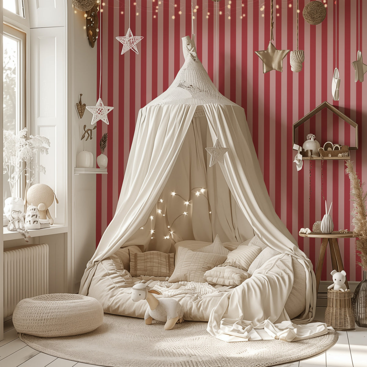 Classic Stripe Wallpaper – Cherry Red & Powder Pink styled in a playful kids' room and nursery