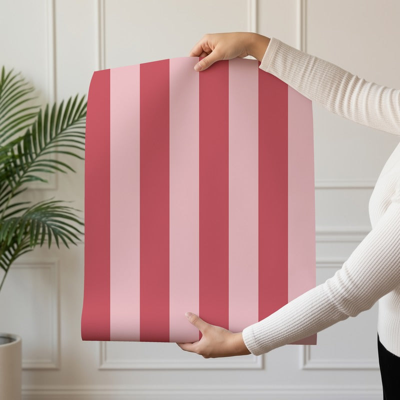 Classic Stripe Wallpaper roll in Cherry Red & Powder Pink – bold cherry red stripe on a soft powder pink ground