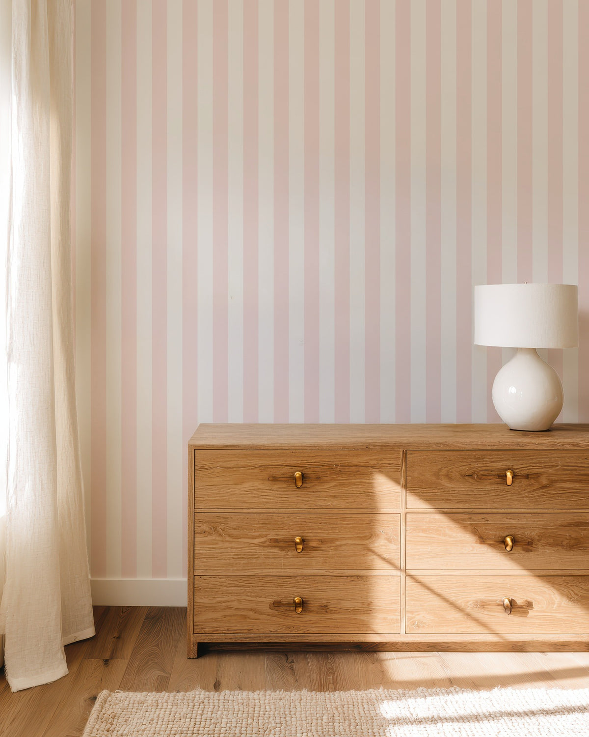 Cloud & Blossom – Classic Stripe Wallpaper styled in a bedroom