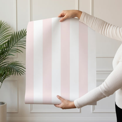 Classic Stripe Wallpaper roll in Cloud & Blossom – bold stripes on a blossom ground
