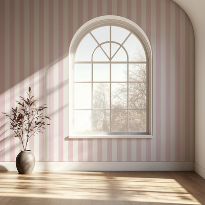 Cloud & Blush – Classic Stripe Wallpaper styled in a hallway and home office