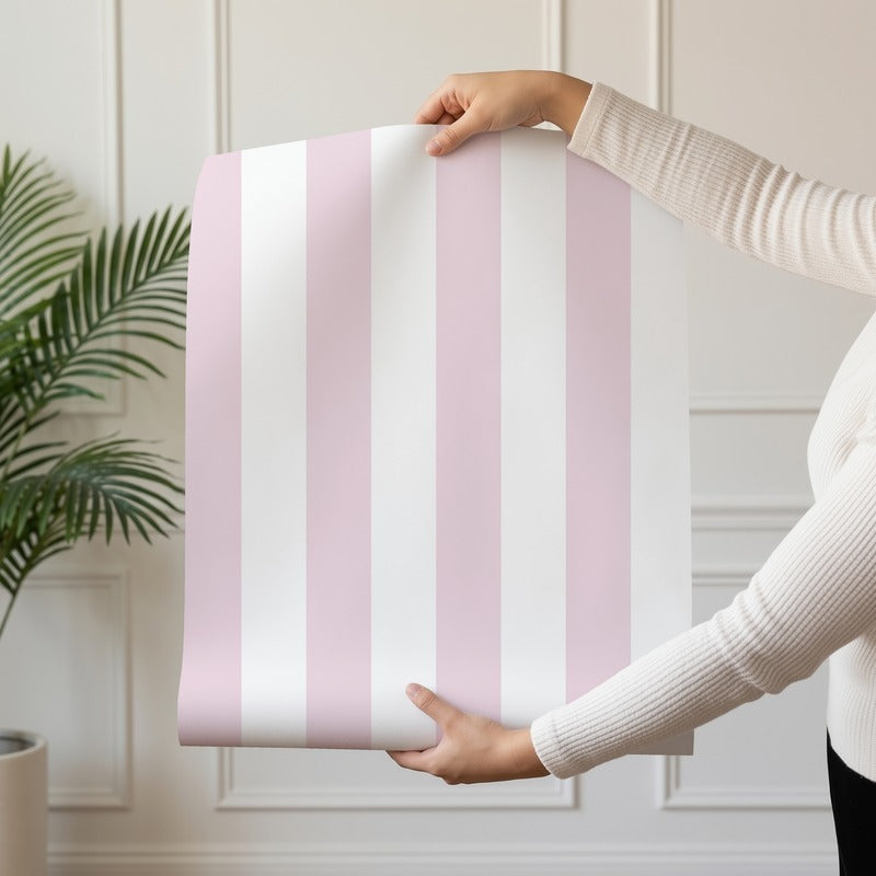 Classic Stripe Wallpaper roll in Cloud & Blush – bold stripes on a blush ground