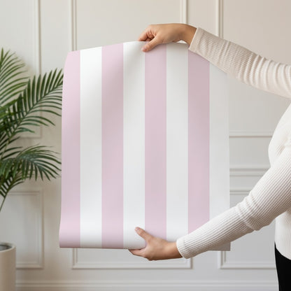 Classic Stripe Wallpaper roll in Cloud & Blush – bold stripes on a blush ground