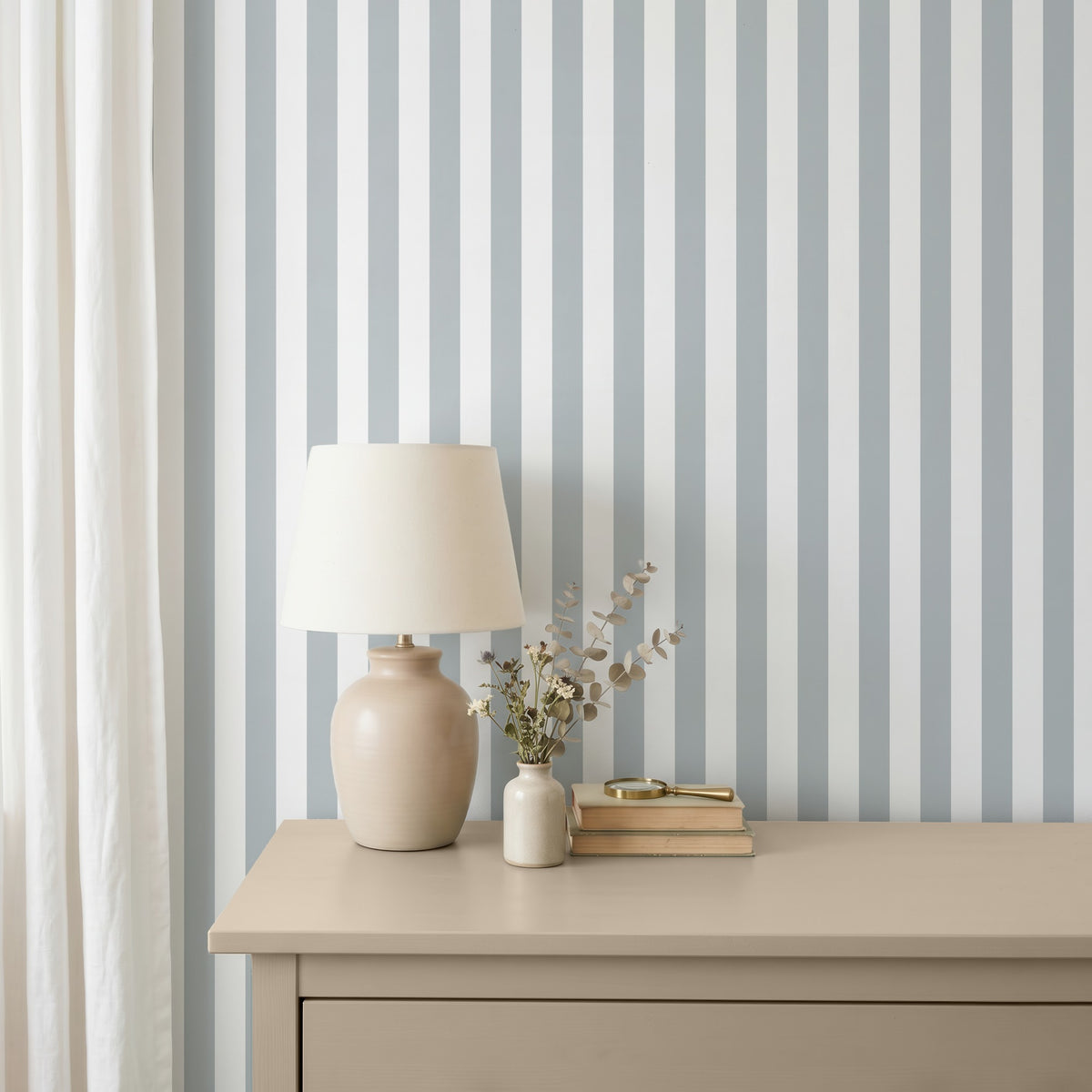 Cloud & Dove – Classic Stripe Wallpaper styled in a bedroom
