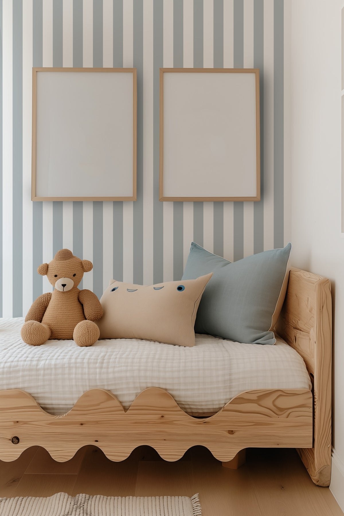Cloud & Dove – Classic Stripe Wallpaper styled in a kids' room and nursery