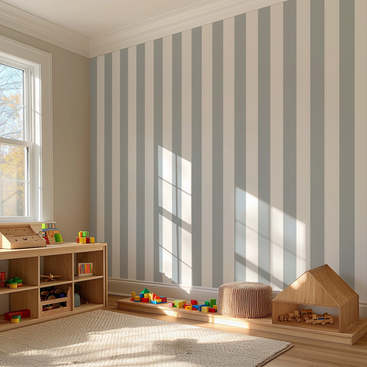 Cloud & Dove – Classic Stripe Wallpaper styled in a kids' room and nursery