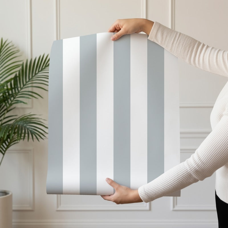 Classic Stripe Wallpaper roll in Cloud & Dove – bold stripes on a dove ground
