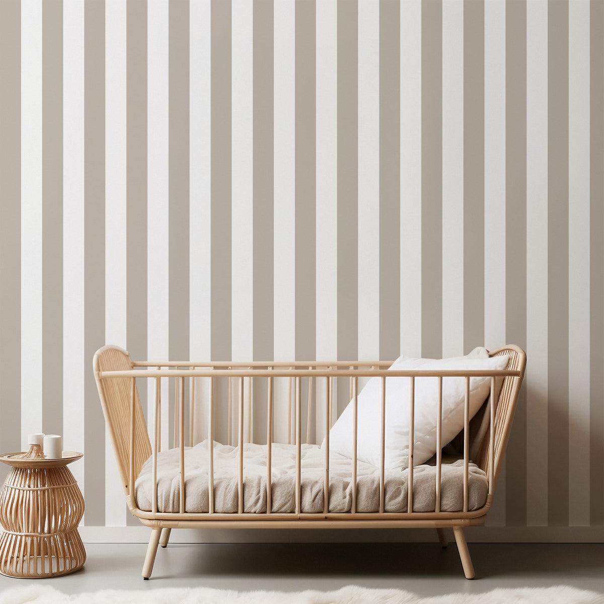 Cloud & Greige – Classic Stripe Wallpaper styled in a kids' room and nursery