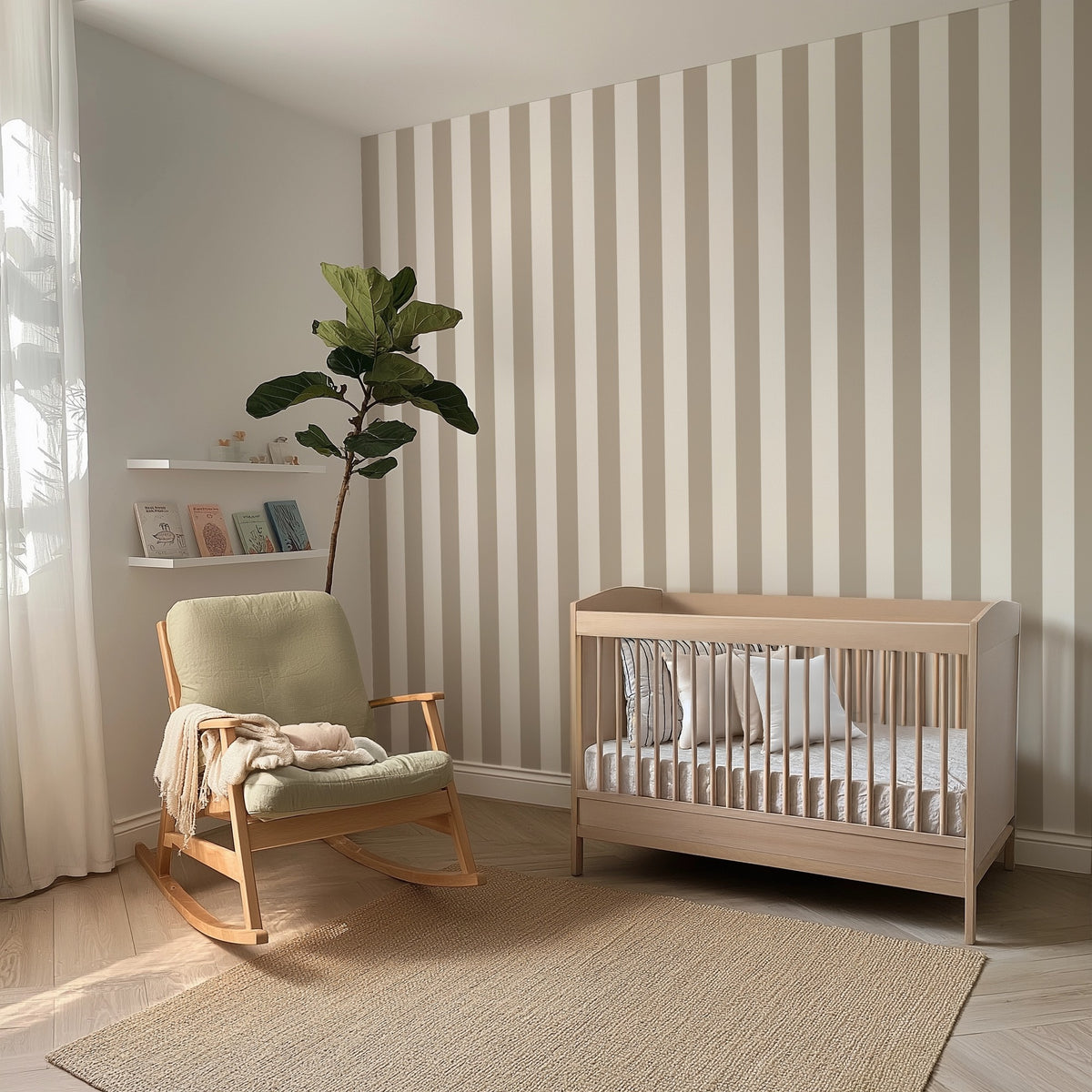 Cloud & Greige – Classic Stripe Wallpaper styled in a kids' room and nursery
