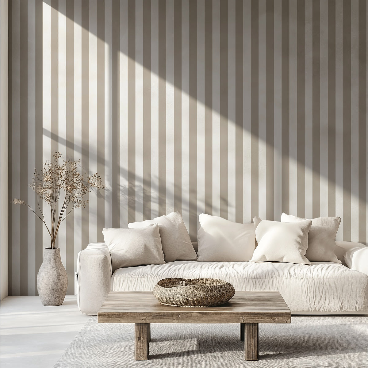 Cloud & Greige – Classic Stripe Wallpaper styled in a living room
