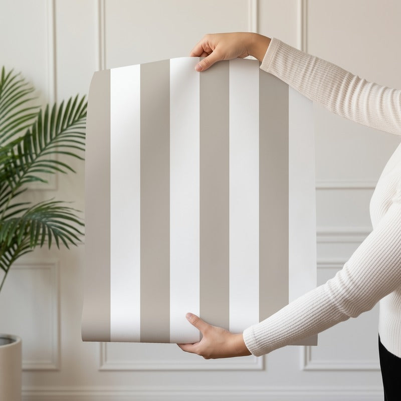 Classic Stripe Wallpaper roll in Cloud & Greige – bold stripes on a greige ground