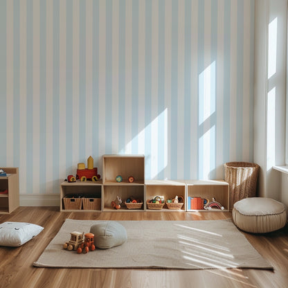 Cloud & Ice – Classic Stripe Wallpaper styled in a kids' room and nursery