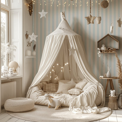 Cloud & Ice – Classic Stripe Wallpaper styled in a kids' room and nursery