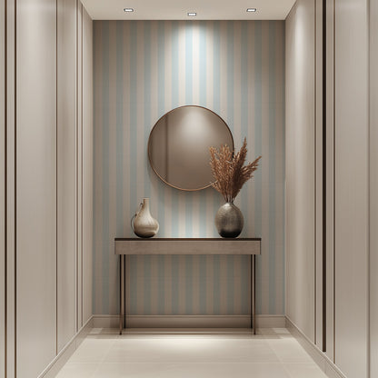Cloud & Ice – Classic Stripe Wallpaper styled in a hallway and home office