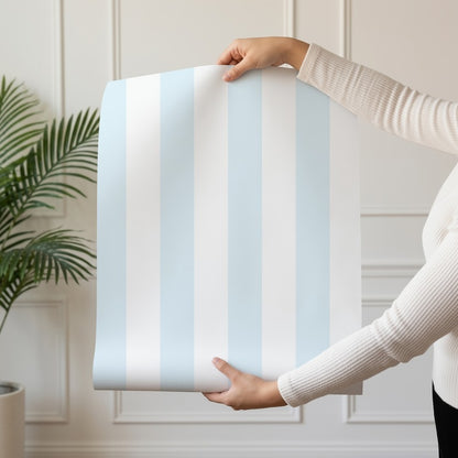 Classic Stripe Wallpaper roll in Cloud & Ice – bold stripes on an ice ground