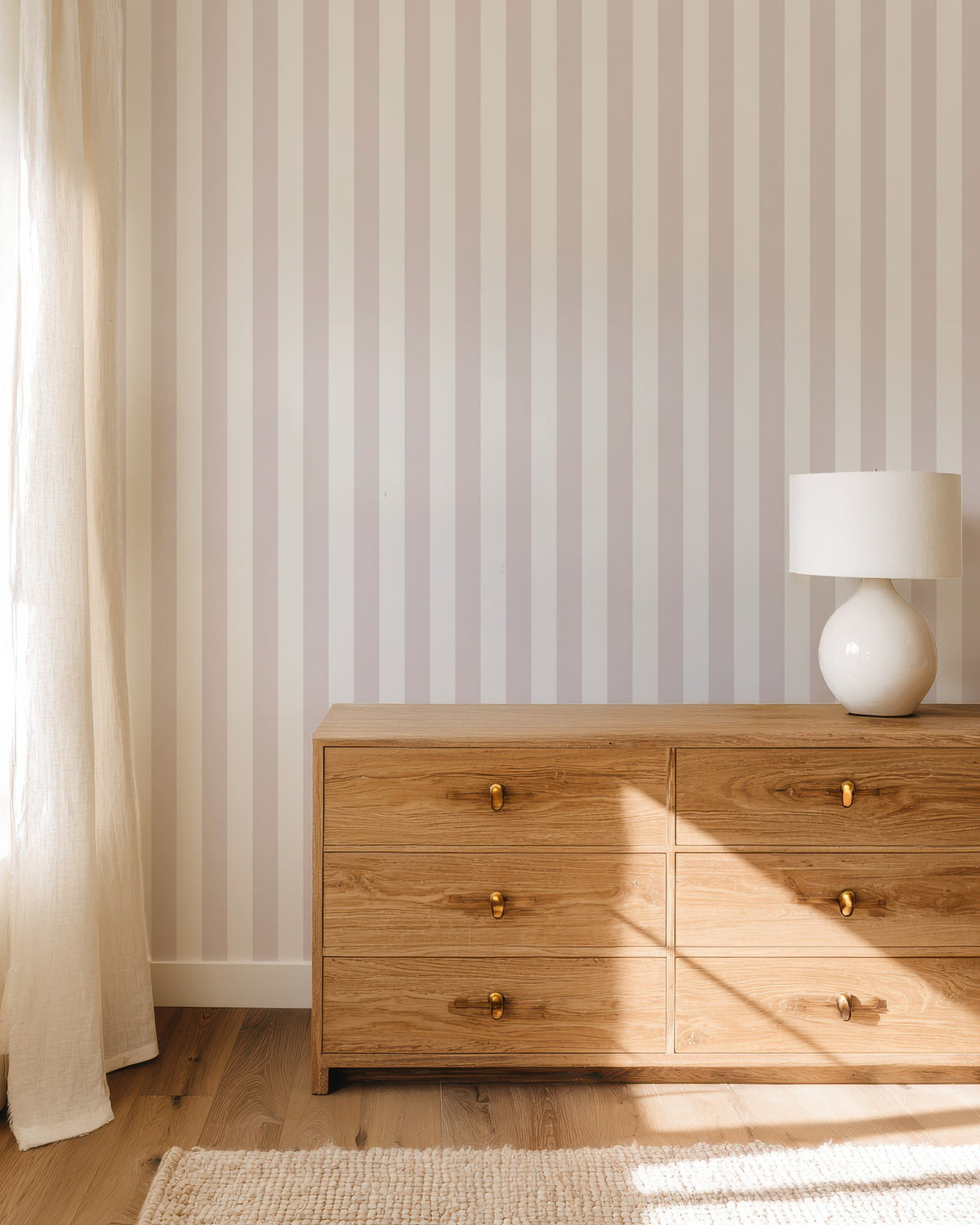 Cloud & Mauve – Classic Stripe Wallpaper styled in a bedroom