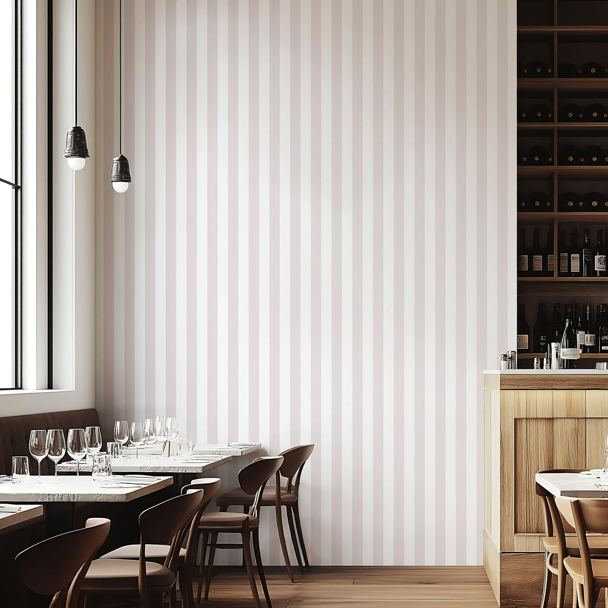 Cloud & Mauve – Classic Stripe Wallpaper styled in a boutique hotel and hospitality space