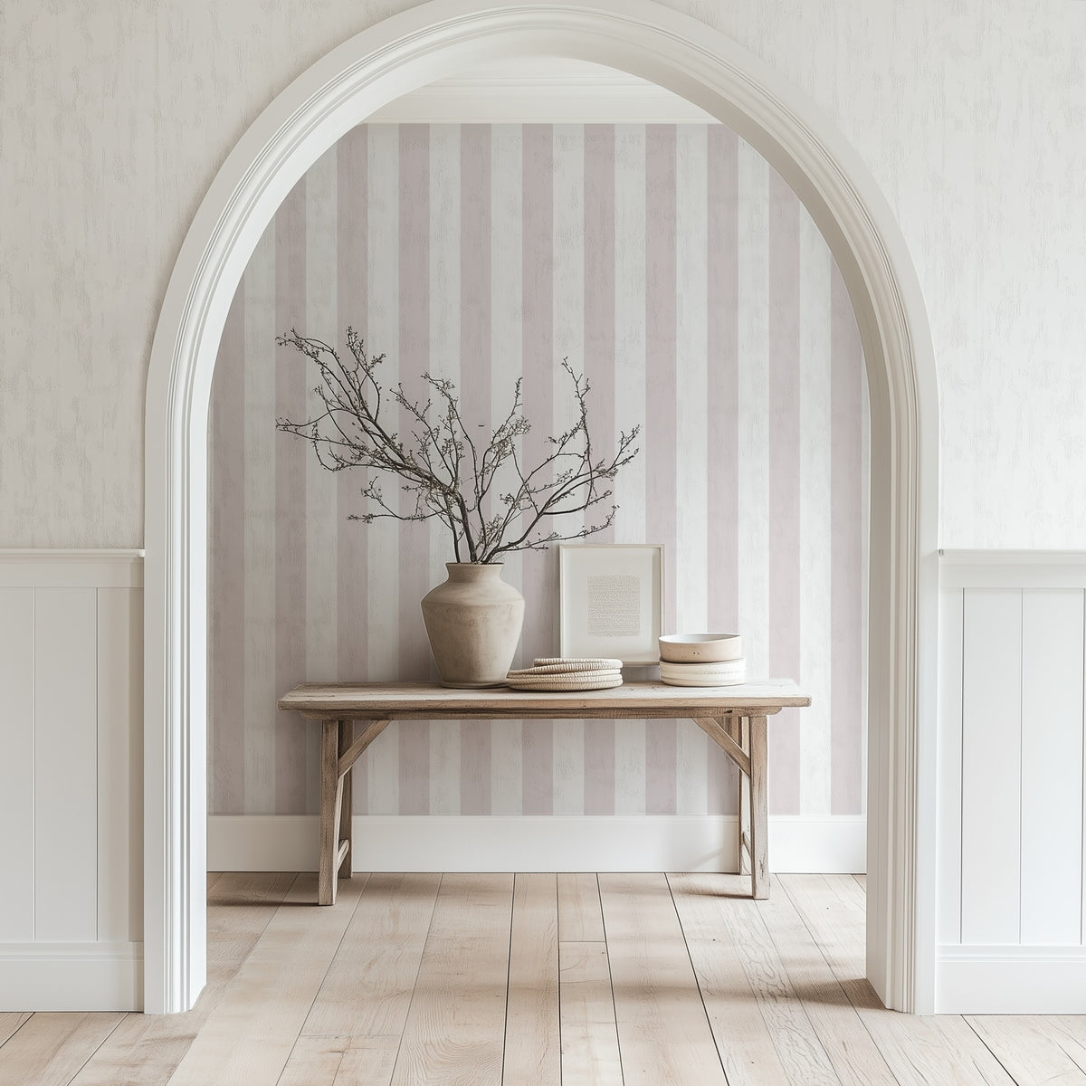 Cloud & Mauve – Classic Stripe Wallpaper styled in a hallway and home office