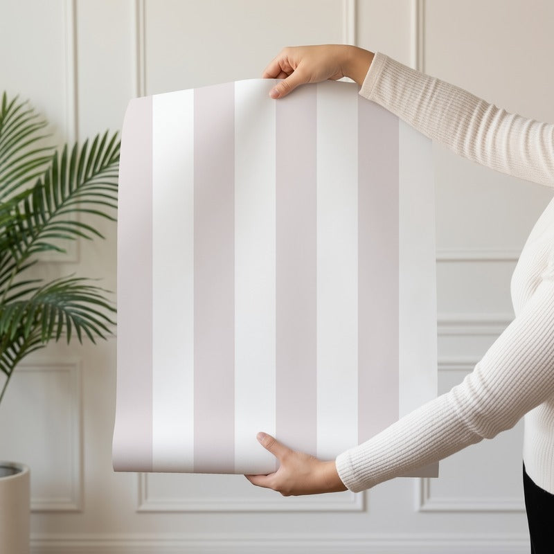 Classic Stripe Wallpaper roll in Cloud & Mauve – bold stripes on a mauve ground