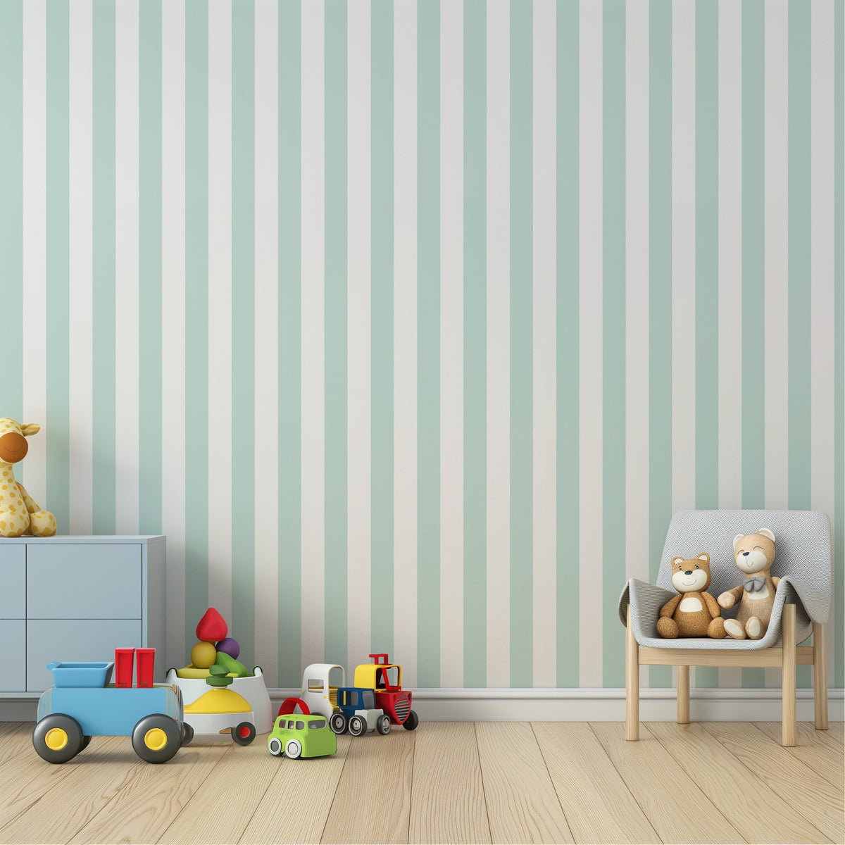 Cloud & Mint – Classic Stripe Wallpaper styled in a kids' room and nursery