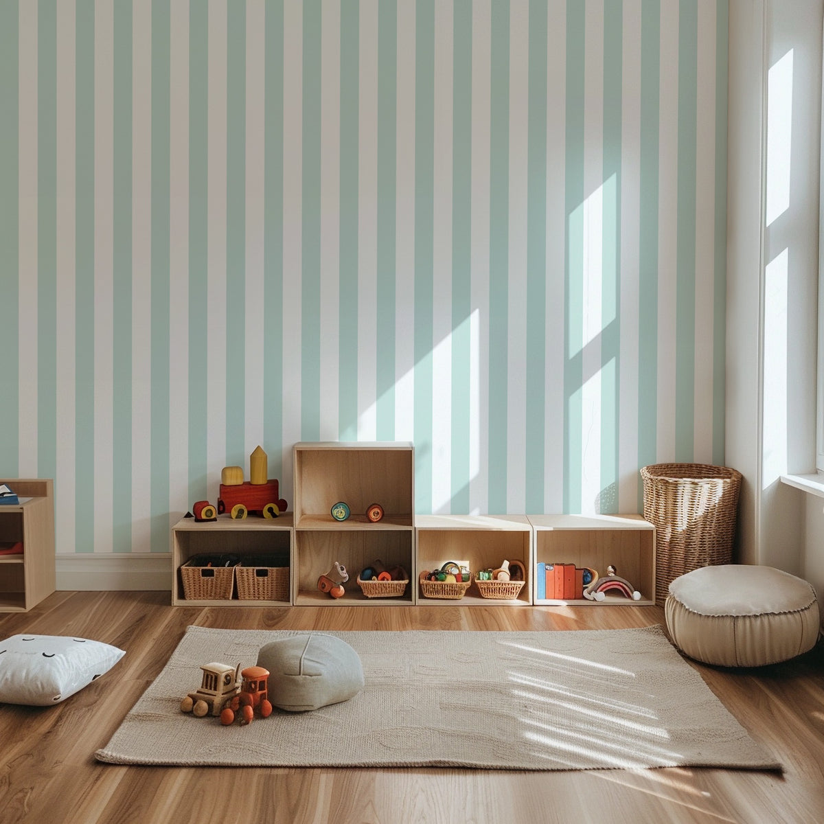 Cloud & Mint – Classic Stripe Wallpaper styled in a kids' room and nursery