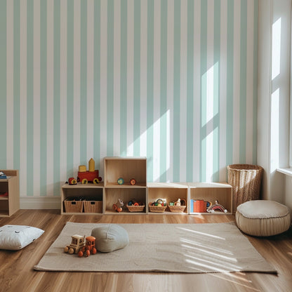 Cloud & Mint – Classic Stripe Wallpaper styled in a kids' room and nursery
