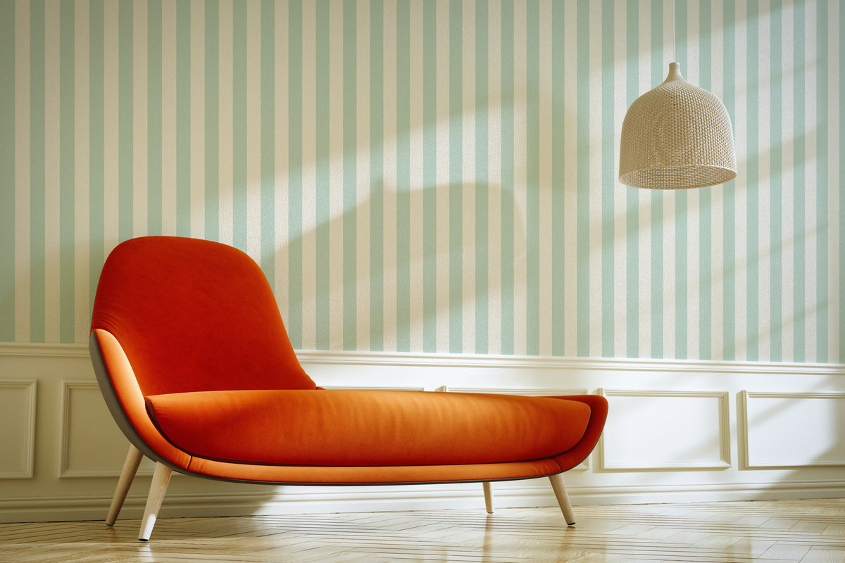 Cloud & Mint – Classic Stripe Wallpaper styled in a living room