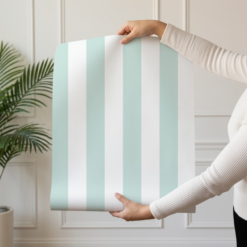 Classic Stripe Wallpaper roll in Cloud & Mint – bold stripes on a mint ground