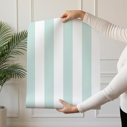 Classic Stripe Wallpaper roll in Cloud & Mint – bold stripes on a mint ground