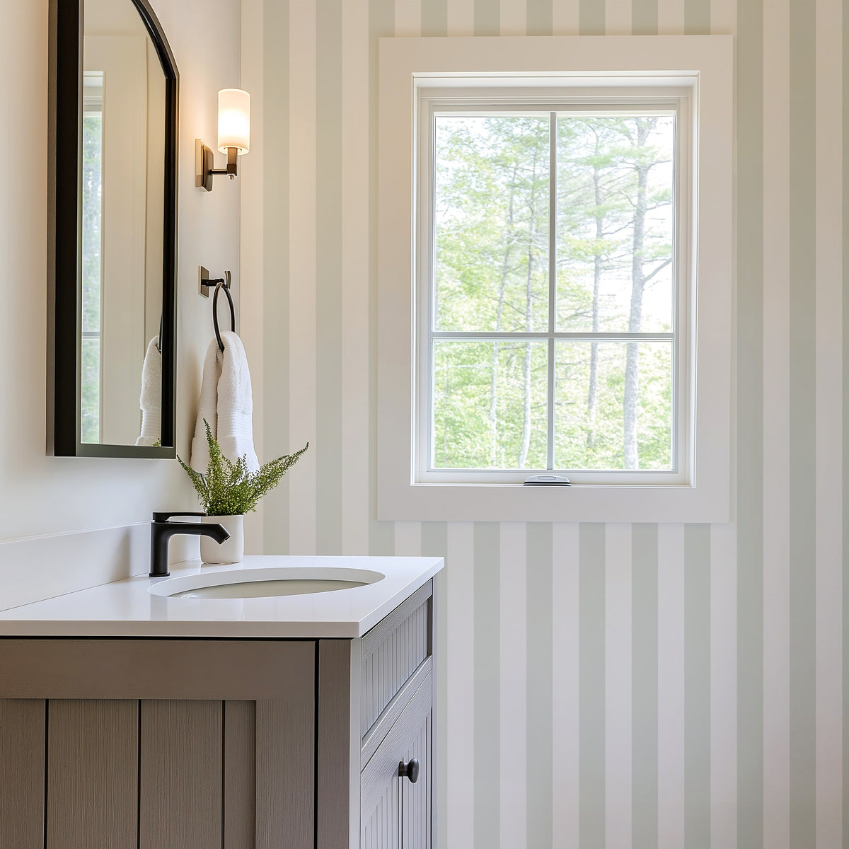 Cloud & Pale Sage – Classic Stripe Wallpaper styled in a bathroom