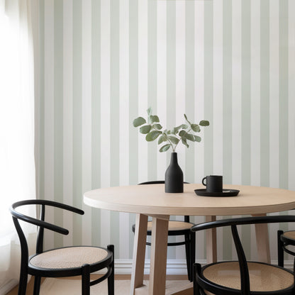 Cloud & Pale Sage – Classic Stripe Wallpaper styled in a kitchen and dining room