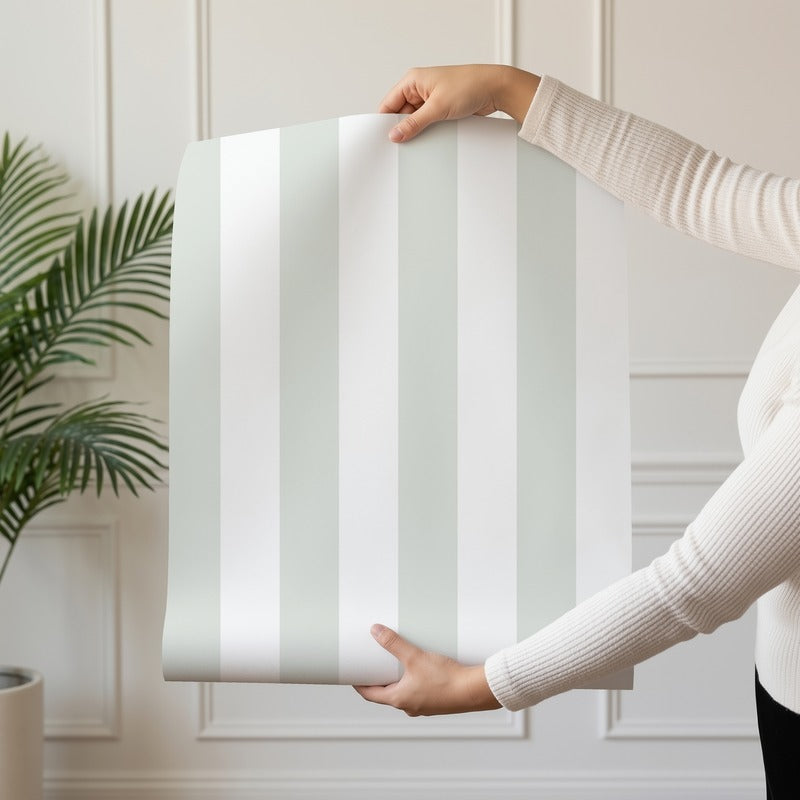 Classic Stripe Wallpaper roll in Cloud & Pale Sage – bold stripes on a pale sage ground