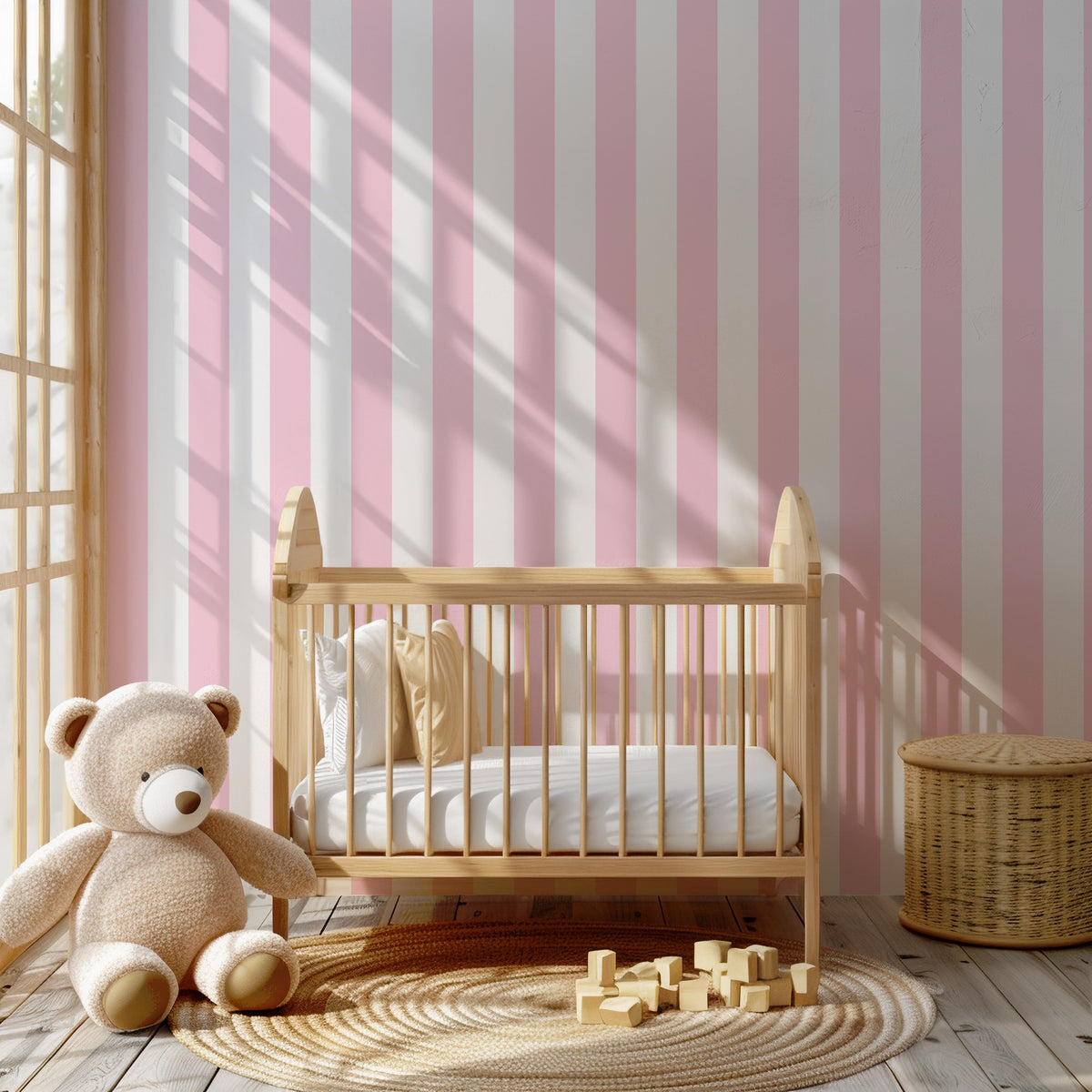 Cloud & Pink – Classic Stripe Wallpaper styled in a kids' room and nursery