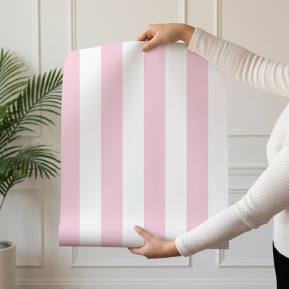 Classic Stripe Wallpaper roll in Cloud & Pink – bold stripes on a pink ground