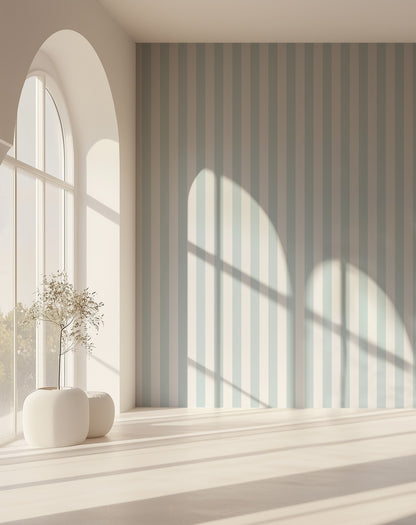 Cloud & Powder Blue – Classic Stripe Wallpaper styled in a hallway and home office
