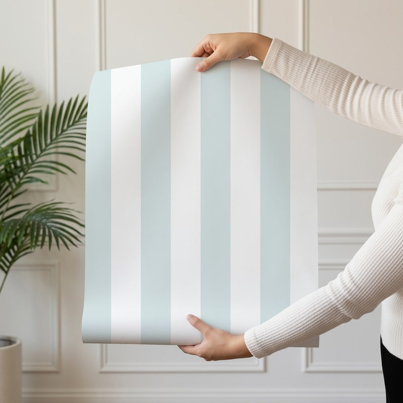 Classic Stripe Wallpaper roll in Cloud & Powder Blue – bold stripes on a powder blue ground