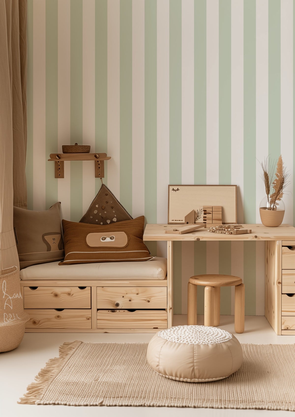 Cloud & Sage – Classic Stripe Wallpaper styled in a kids' room and nursery