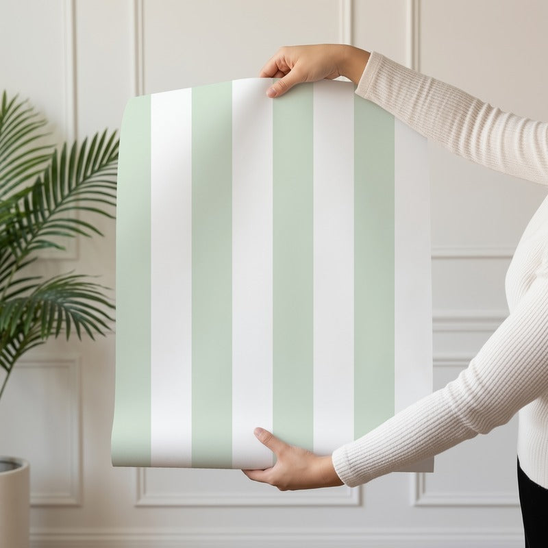 Classic Stripe Wallpaper roll in Cloud & Sage – bold stripes on a sage ground