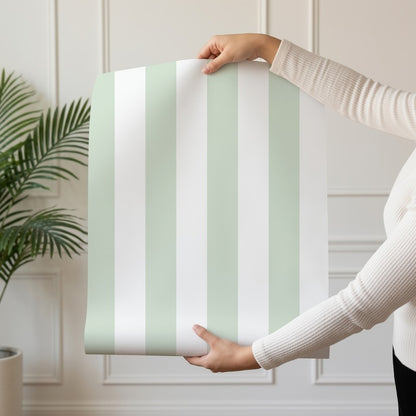 Classic Stripe Wallpaper roll in Cloud & Sage – bold stripes on a sage ground